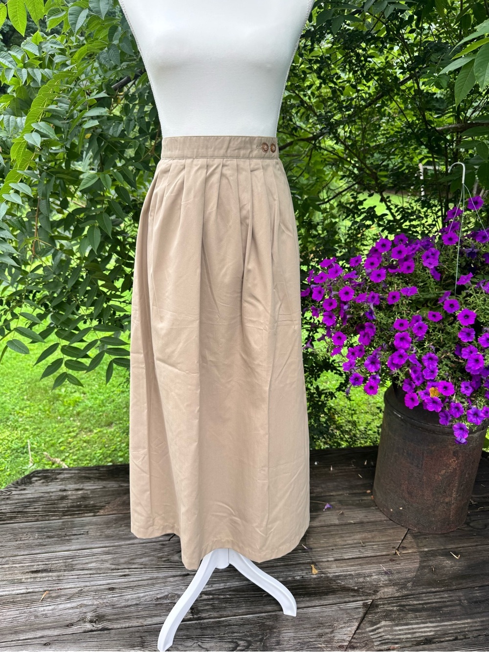 Vintage Land’s End Tan Pleated Midi Skirt Women’s 16 Tall Elastic Back Pockets